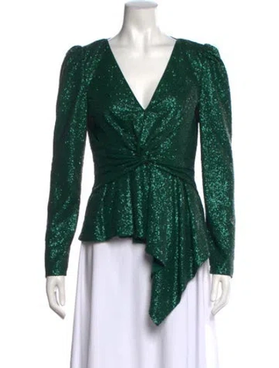 Pre-owned Self-portrait V-neck Long Sleeve Blouse In Green