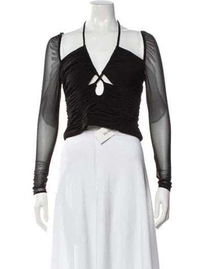 Pre-owned Self-portrait V-neck Long Sleeve Crop Top In Black