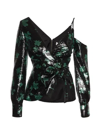 Pre-owned Self-portrait V-neck Sequined Asymmetrical Top In Black