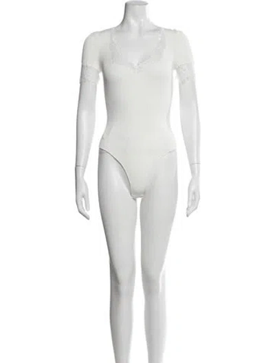 Pre-owned Self-portrait V-neck Short Sleeve Bodysuit In White