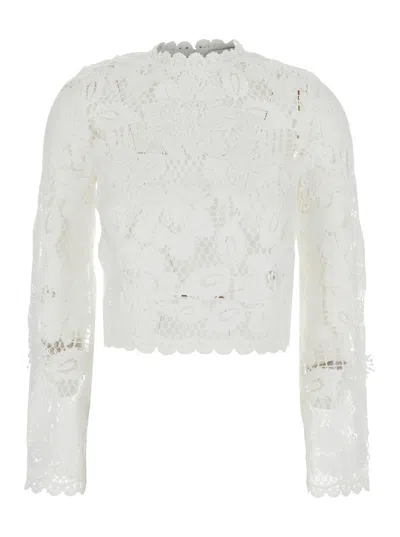 Self-portrait White Crochet Lace Top With Short Sleeves For Women In Multi