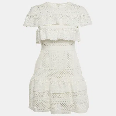 Pre-owned Self-portrait White Floral Broderie Anglaise Ruffled Mini Dress M