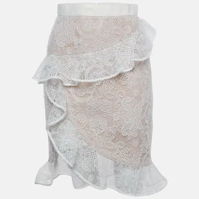 Pre-owned Self-portrait White Floral Lace Ruffled Asymmetric Midi Skirt S