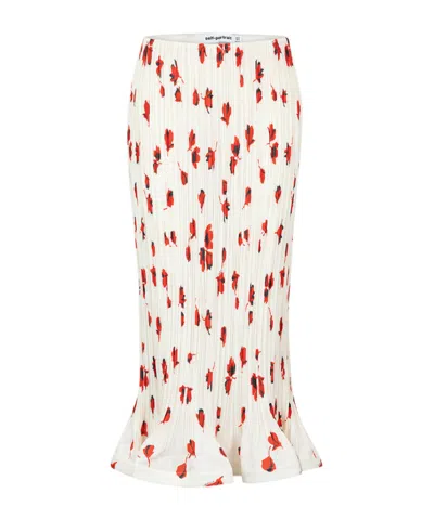 Self-portrait White Floral Plisse Midi Skirt In Multi