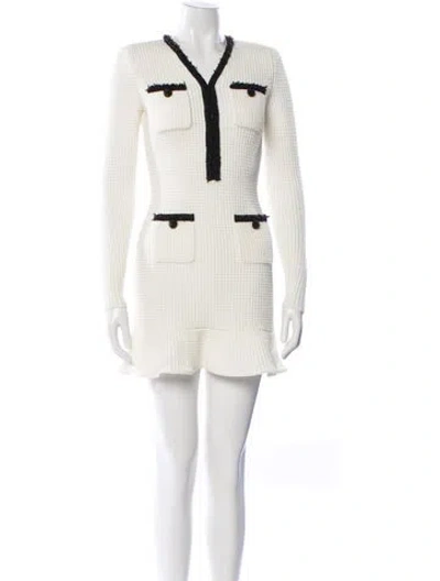 Pre-owned Self-portrait White Pearl Trim Knit Mini Dress Mini Dress In Neutral