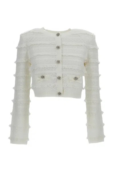 Self-portrait White Pointelle Diamante Cardigan In Multi