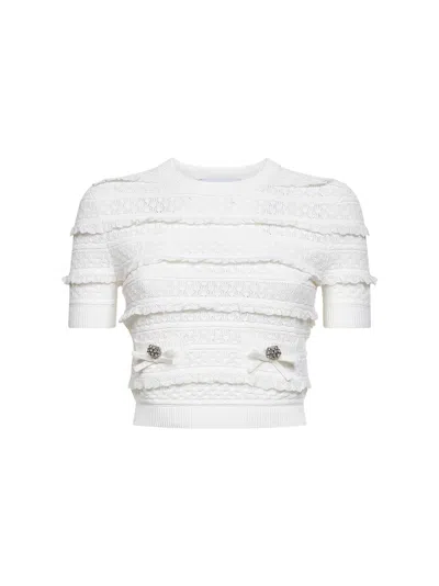 Self-portrait Top White Pointelle Knit With Short Sleeves In White Women