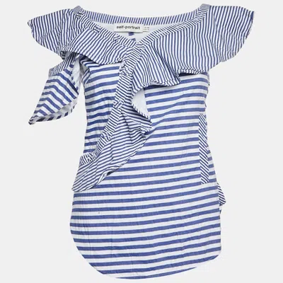 Pre-owned Self-portrait White/blue Striped Cotton Frilled Sleeveless Top M
