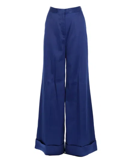Self-portrait Wide-leg Trousers With High Waist And Cuffed Hem In Blue