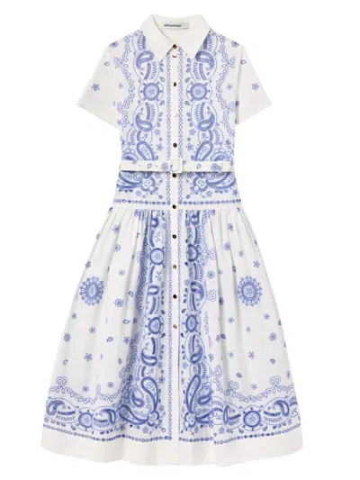 Self-portrait Embroidered Cotton Belted Midi Dress In Multi