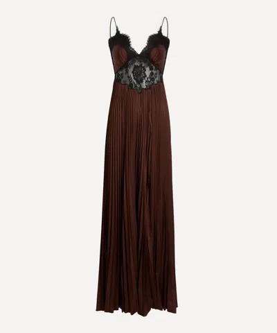 Self-portrait Dress Brown Satin Lace Insert Maxi Dress With Brown Lace Inserts In Multi