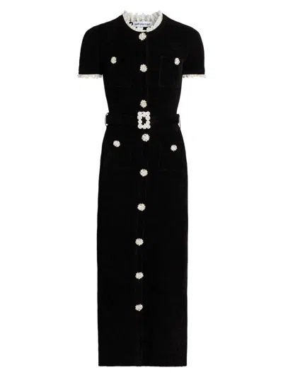Self-portrait Women's Buttoned Chenille Knit & Lace Midi-dress In Black