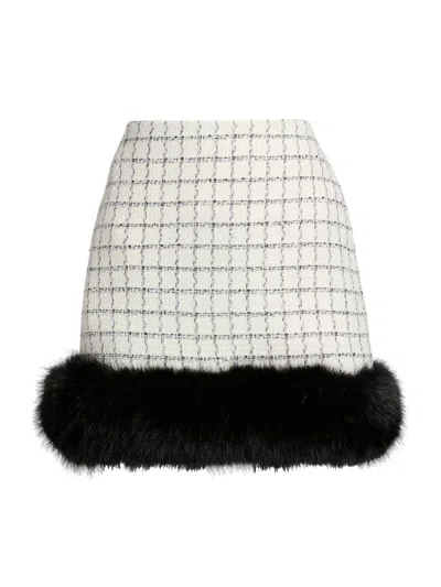 Self-portrait Women's Check Boucle Faux Fur Hem Miniskirt In White