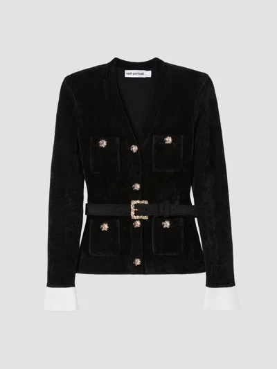 Self-portrait Button-front Tailored Shirt With Shoulder Pads And Functional Pockets In Black
