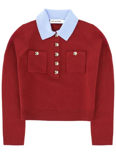 Self-portrait Red Contrast Collar Wool-blend Polo Shirt