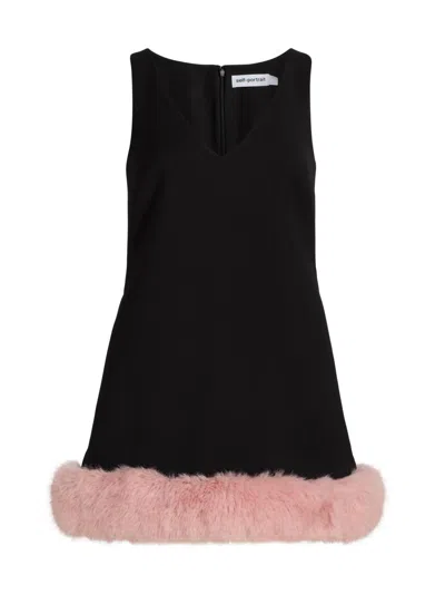 Self-portrait Women's Crepe Faux-fur-trim A-line Minidress In Black