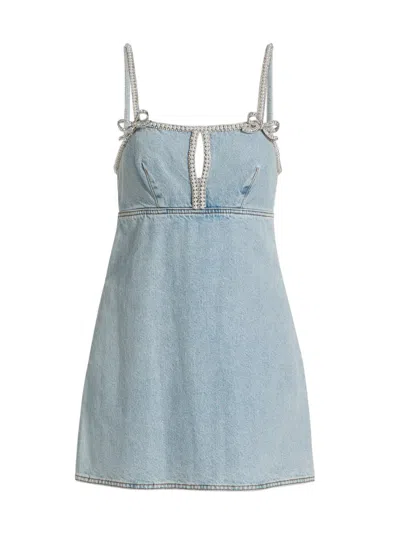 Self-portrait Women's Denim Pearl-trim Minidress In Blue