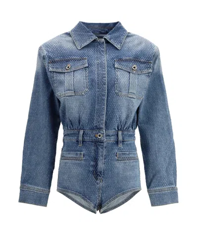 Self-portrait Rhinestone Denim Bodysuit In Blue