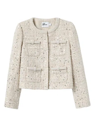 Self-portrait Women's Embellished Bouclé Collarless Jacket In White