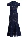 Self-portrait Guipure Blue Long Dress With Lace Design And Adjustable Waist Belt In Fabric Woman In Blue
