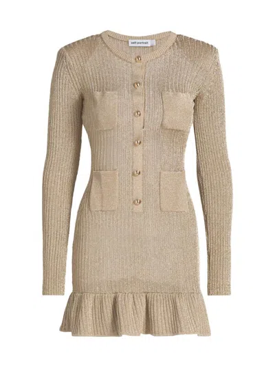 Self-portrait Women's Knit Long-sleeve Mini-dress In Gold