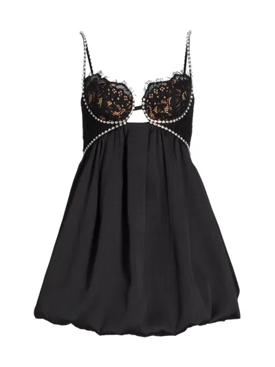 Self-portrait Women's Lace & Diamante-trimmed Minidress In Black