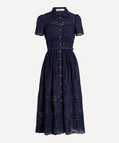 Self-portrait Women's Navy Ramie Collared Midi Dress In Blue