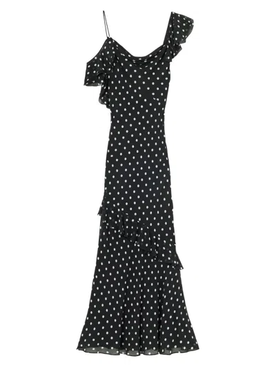 Self-portrait Long Dress Black Polka Dot With V-neck In Black Georgette For Women