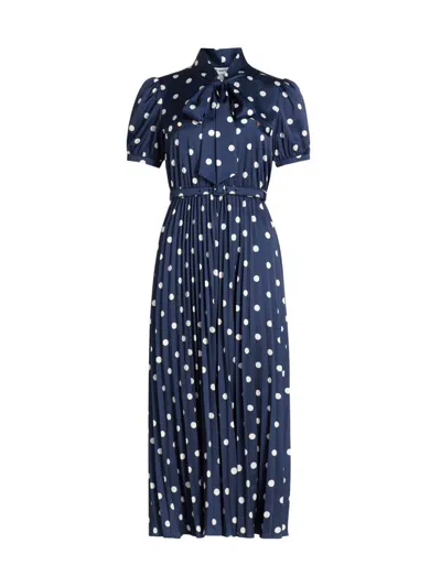 Self-portrait Pussy-bow Belted Pleated Polka-dot Satin Midi Dress In Blue