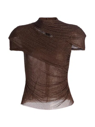 Self-portrait Women's Rhinestone Cutout Mesh Top In Brown
