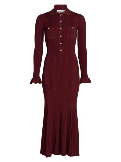 Self-portrait Women's Rib-knit Half-button Midi-dress In Burgundy