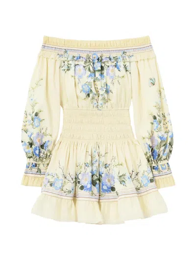 Self-portrait Women's Smocked Floral Cotton-silk Off-the-shoulder Minidress In Yellow