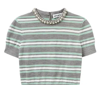 Self-portrait Women's Striped Crystal Trim Knit Top In Grey In Gray