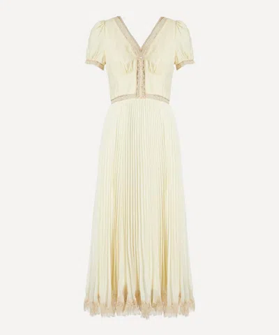 Self-portrait Women's Yellow Viscose Pleated Lace Midi Dress