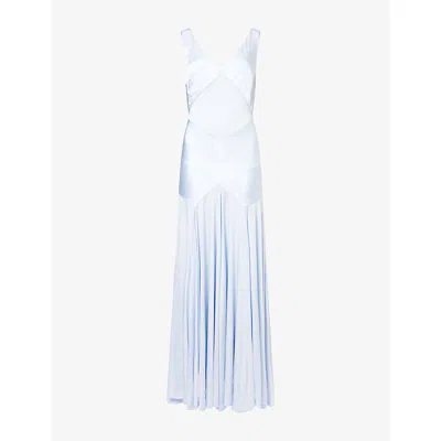Self-portrait Womens Blue Dropped-waist Panelled Satin And Jersey Maxi Dress