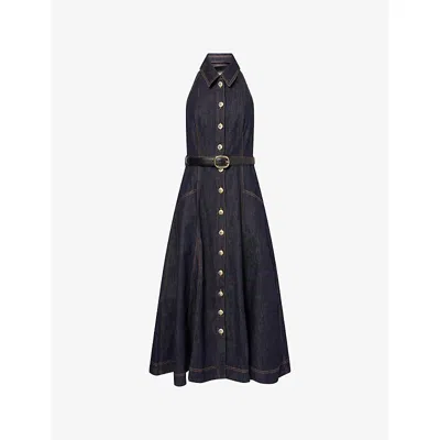 Self-portrait Womens Blue Halter-neck Belted Denim Midi Dress In Black