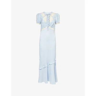 Self-portrait Womens Blue Puff-sleeve Lace-insert Satin Midi Dress