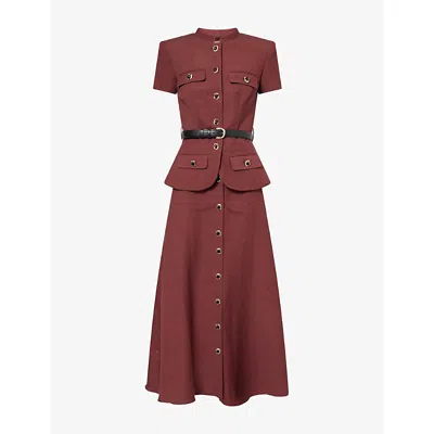Self-portrait Womens Peplum Woven Midi Dress Brown In Burgundy