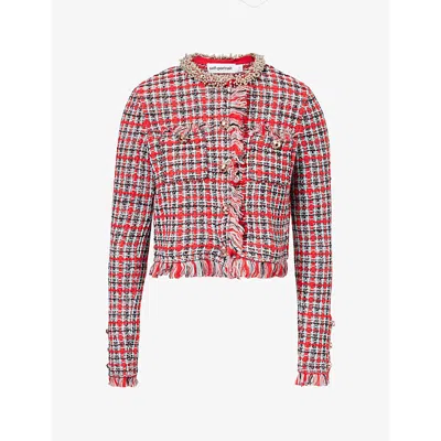 Self-portrait Womens Check Frayed Cotton-blend Jacket Red