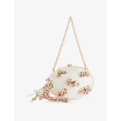 Self-portrait Womens Floral-beaded Oval Satin Clutch Cream In White