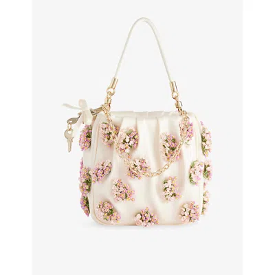 Self-portrait Womens Flower-embellished Satin Bucket Bag Cream In Neutral