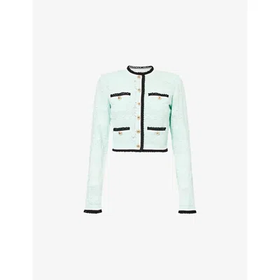 Self-portrait Womens Green Contrast-trim Pointelle Cotton-knit Cardigan