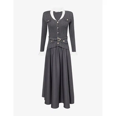 Self-portrait Layered Knit And Twill Midi Dress In Gray
