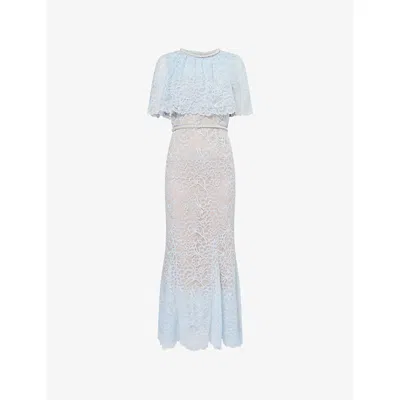 Self-portrait Womens Light Blue Caped-sleeve Belted Lace Midi Dress In Multi