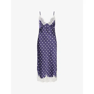 Self-portrait Womens Navy Lace-trim Polka-dot Satin Midi Dress In Blue