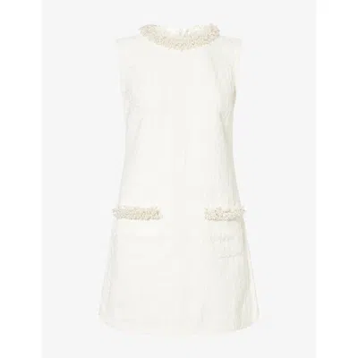 Self-portrait Womens Pearl-embellished Denim Cotton Mini Dress Cream In White