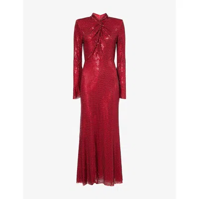 Self-portrait Womens Rhinestone Mesh Twist Midi Dress Red