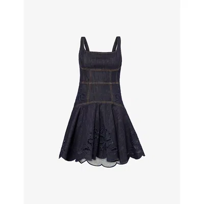 Self-portrait Womens Blue Cut-out Bow-embroidered Denim Mini Dress