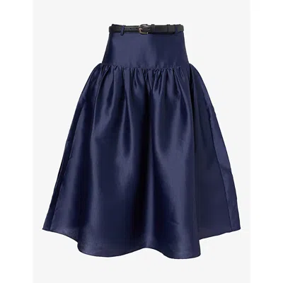 Self-portrait Womens  Dropped-waist Taffeta Midi Skirt In Blue