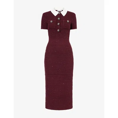 Self-portrait Womens  Polo-collar Waffle Knit Midi Dress In Burgundy